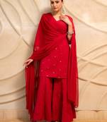 red embellished kurta with sharara & dupatta  set of 3