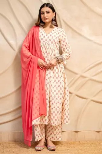 Cream floral printed cotton anarkali kurta with pants & dupatta  set of 3