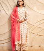 Cream floral printed cotton anarkali kurta with pants & dupatta  set of 3