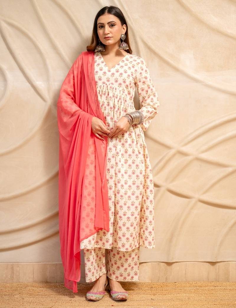 Cream floral printed cotton anarkali kurta with pants & dupatta  set of 3