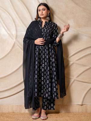 Black printed anarkali kurta with pants & dupatta  set of 3 1