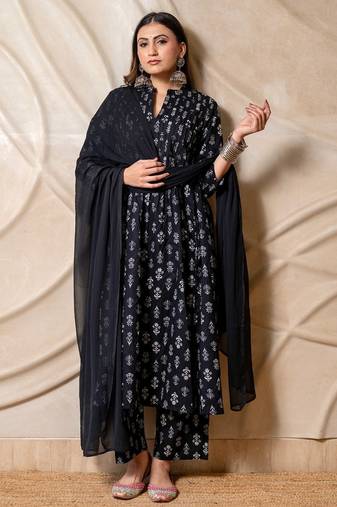 Black printed anarkali kurta with pants & dupatta  set of 3