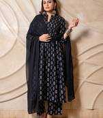 Black printed anarkali kurta with pants & dupatta  set of 3