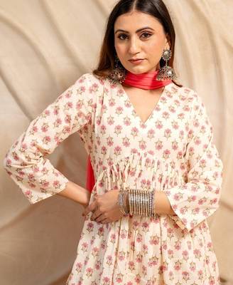 Cream floral printed cotton anarkali kurta with pants & dupatta  set of 3 2