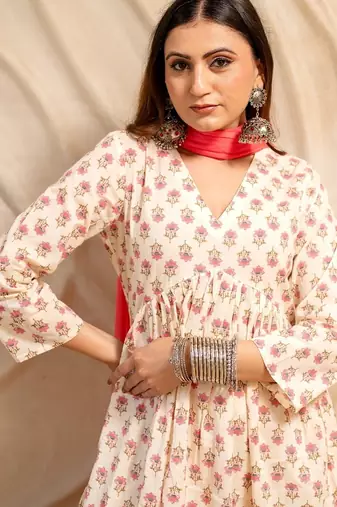 Cream floral printed cotton anarkali kurta with pants & dupatta  set of 3