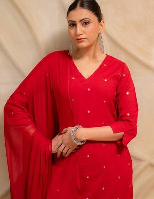 red embellished kurta with sharara & dupatta  set of 3 2