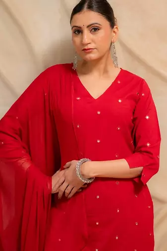 red embellished kurta with sharara & dupatta  set of 3
