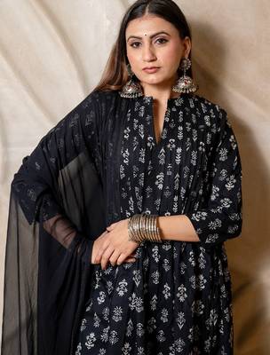 Black printed anarkali kurta with pants & dupatta  set of 3 2