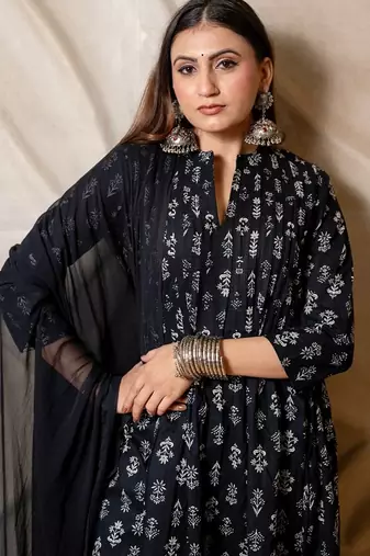 Black printed anarkali kurta with pants & dupatta  set of 3