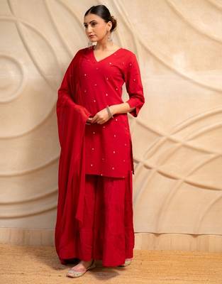 red embellished kurta with sharara & dupatta  set of 3 3