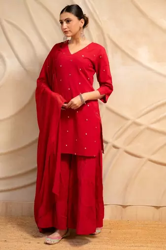 red embellished kurta with sharara & dupatta  set of 3