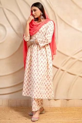 Cream floral printed cotton anarkali kurta with pants & dupatta  set of 3