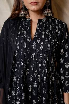 Black printed anarkali kurta with pants & dupatta  set of 3 3
