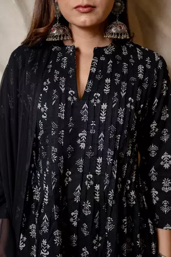 Black printed anarkali kurta with pants & dupatta  set of 3