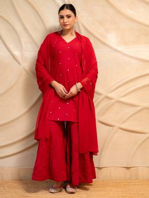 red embellished kurta with sharara & dupatta  set of 3 4