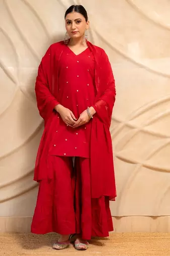 red embellished kurta with sharara & dupatta  set of 3