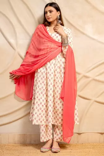 Cream floral printed cotton anarkali kurta with pants & dupatta  set of 3