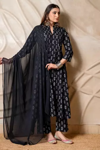 Black printed anarkali kurta with pants & dupatta  set of 3