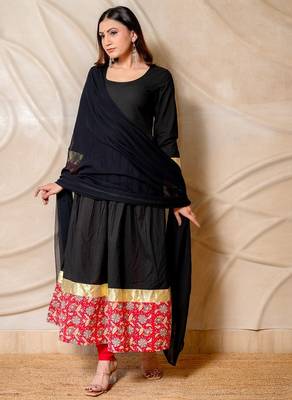 Black anarkali kurta with red printed border & dupatta  set of 3 1