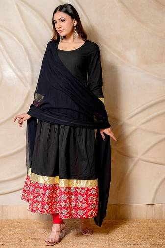 Black anarkali kurta with red printed border & dupatta  set of 3