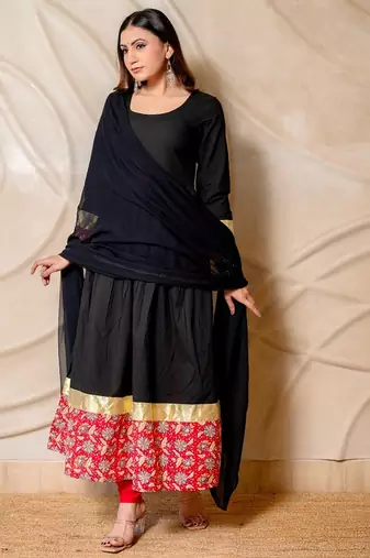 Black anarkali kurta with red printed border & dupatta  set of 3