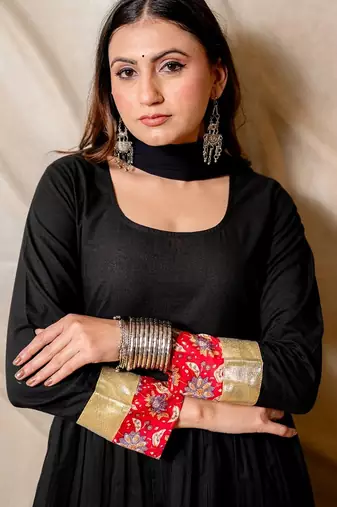 Black anarkali kurta with red printed border & dupatta  set of 3