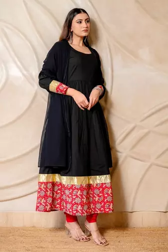 Black anarkali kurta with red printed border & dupatta  set of 3