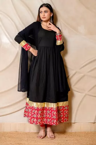 Black anarkali kurta with red printed border & dupatta  set of 3
