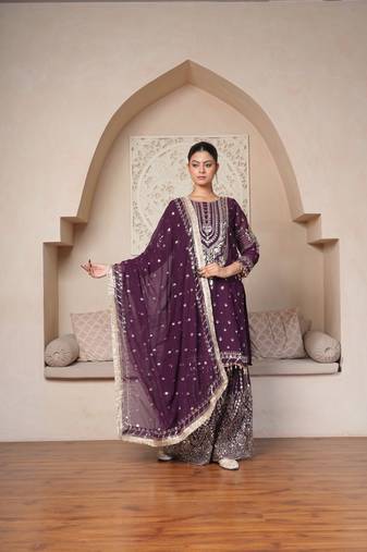 Regal Wine Heavily Embroidered Set