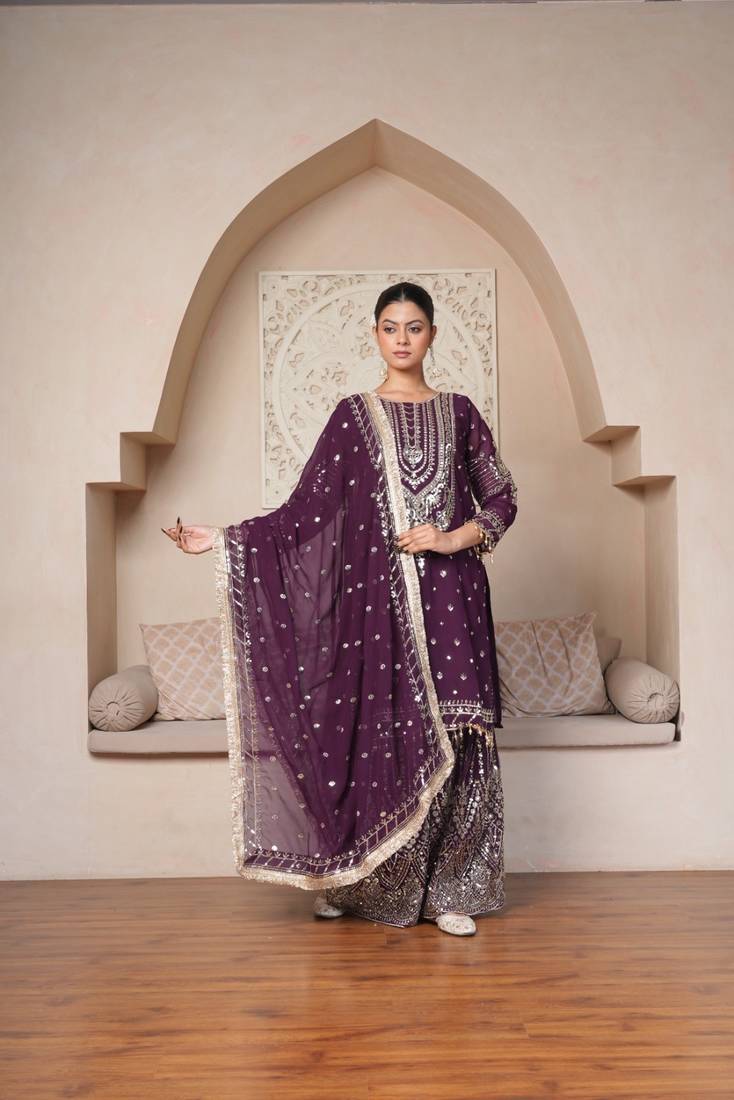 Regal Wine Heavily Embroidered Set