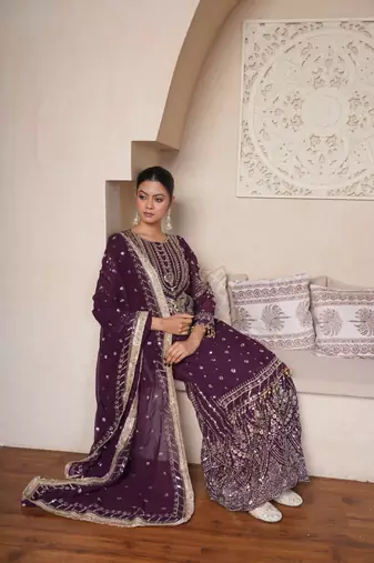 Regal Wine Heavily Embroidered Set