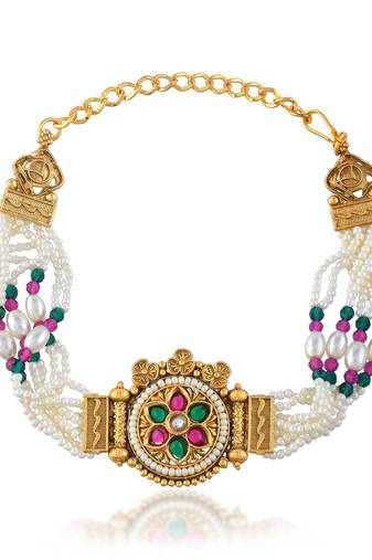Natural pearl meenakari kundan multi strand bracelet for women