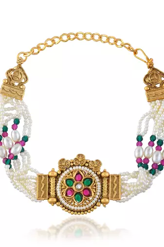 Natural pearl meenakari kundan multi strand bracelet for women