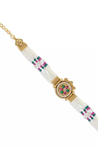 Natural pearl meenakari kundan multi strand bracelet for women