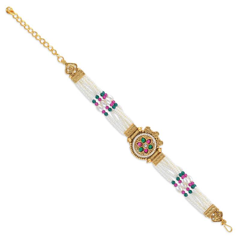 Natural pearl meenakari kundan multi strand bracelet for women