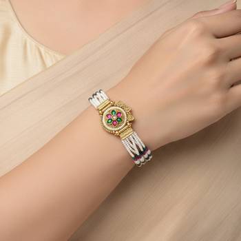 Natural pearl meenakari kundan multi strand bracelet for women 4
