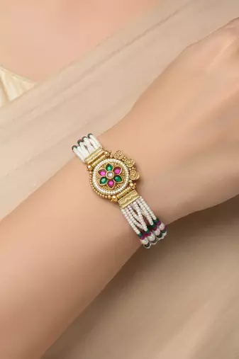 Natural pearl meenakari kundan multi strand bracelet for women