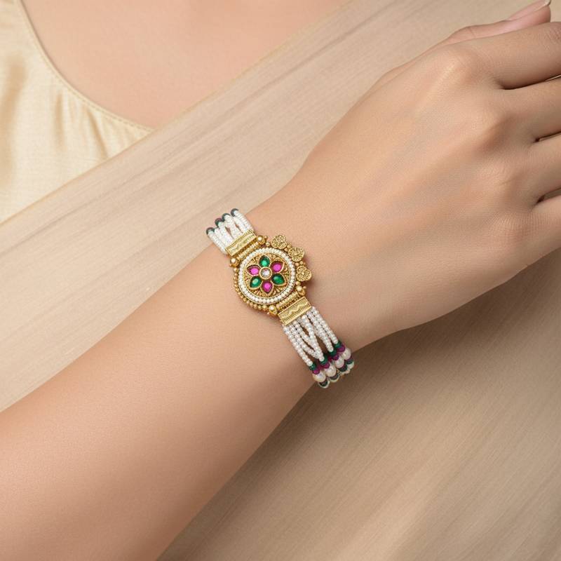 Natural pearl meenakari kundan multi strand bracelet for women