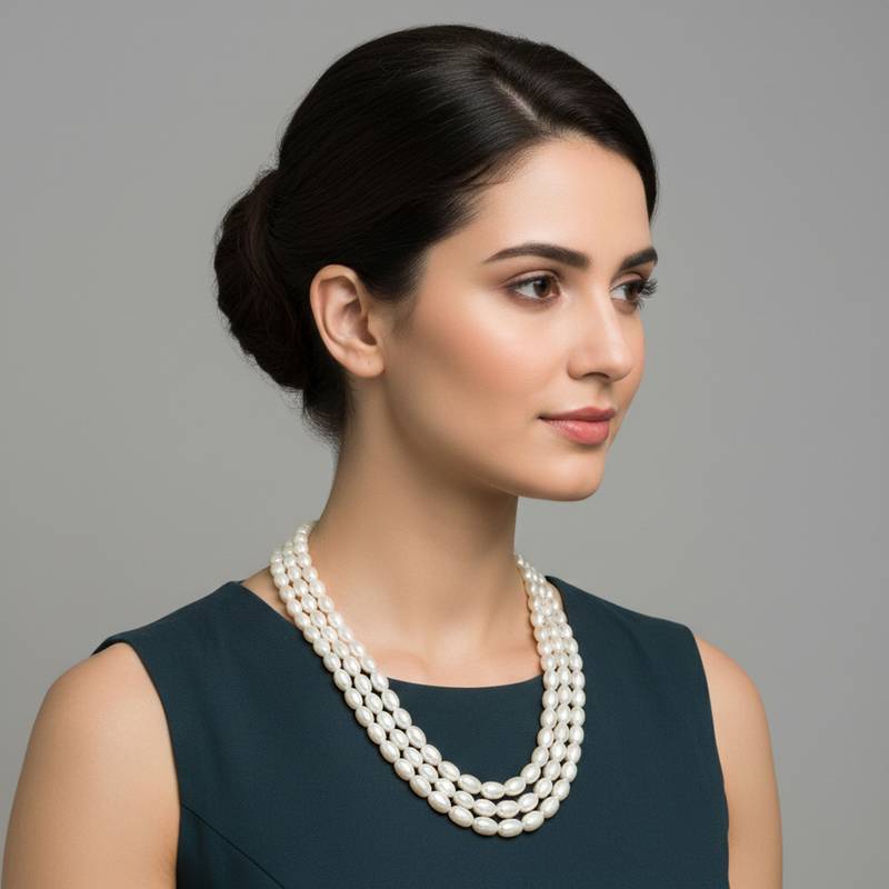 Cultured white pearl triple liner necklace for women