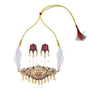 Brass antique gold finish lakshmi choker necklace set for women 2