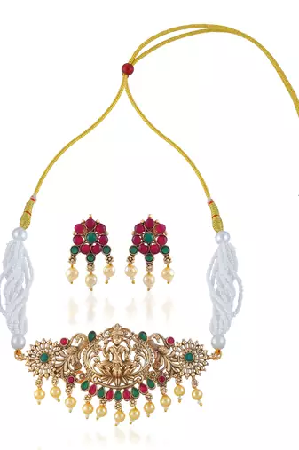 Brass antique gold finish lakshmi choker necklace set for women
