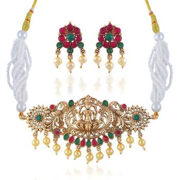 Brass antique gold finish lakshmi choker necklace set for women 3