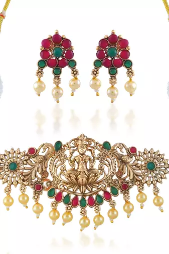 Brass antique gold finish lakshmi choker necklace set for women