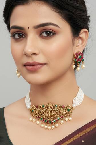 Brass antique gold finish lakshmi choker necklace set for women