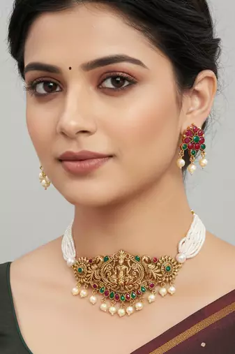 Brass antique gold finish lakshmi choker necklace set for women