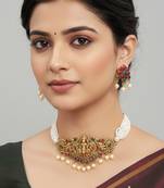 Brass antique gold finish lakshmi choker necklace set for women