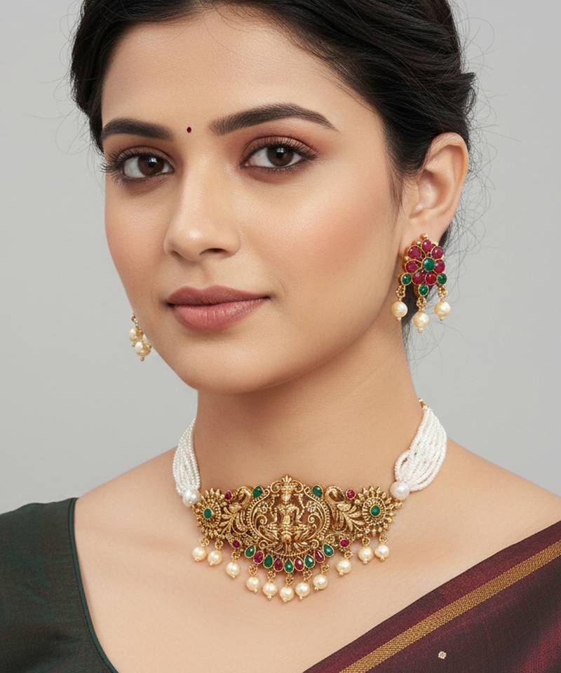 Brass antique gold finish lakshmi choker necklace set for women