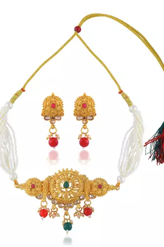 Brass gold pearl beaded necklace set for women