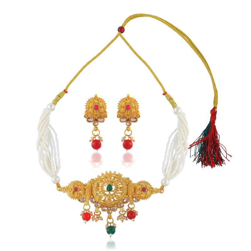 Brass gold pearl beaded necklace set for women