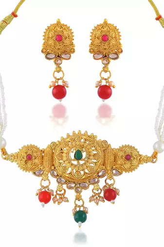 Brass gold pearl beaded necklace set for women